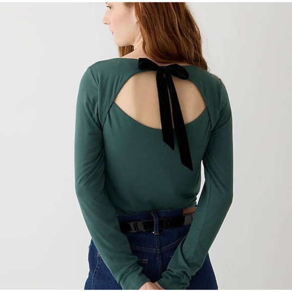 NWT J. Crew Green Pine Solid Open Back Velvet Bow FormKnit Long Sleeve Top Med - Picture 15 of 16